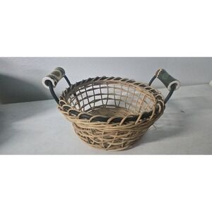 VINTAGE ROUND WOVEN BASKET WICKER WITH SUNFLOWER CERAMIC HANDLES